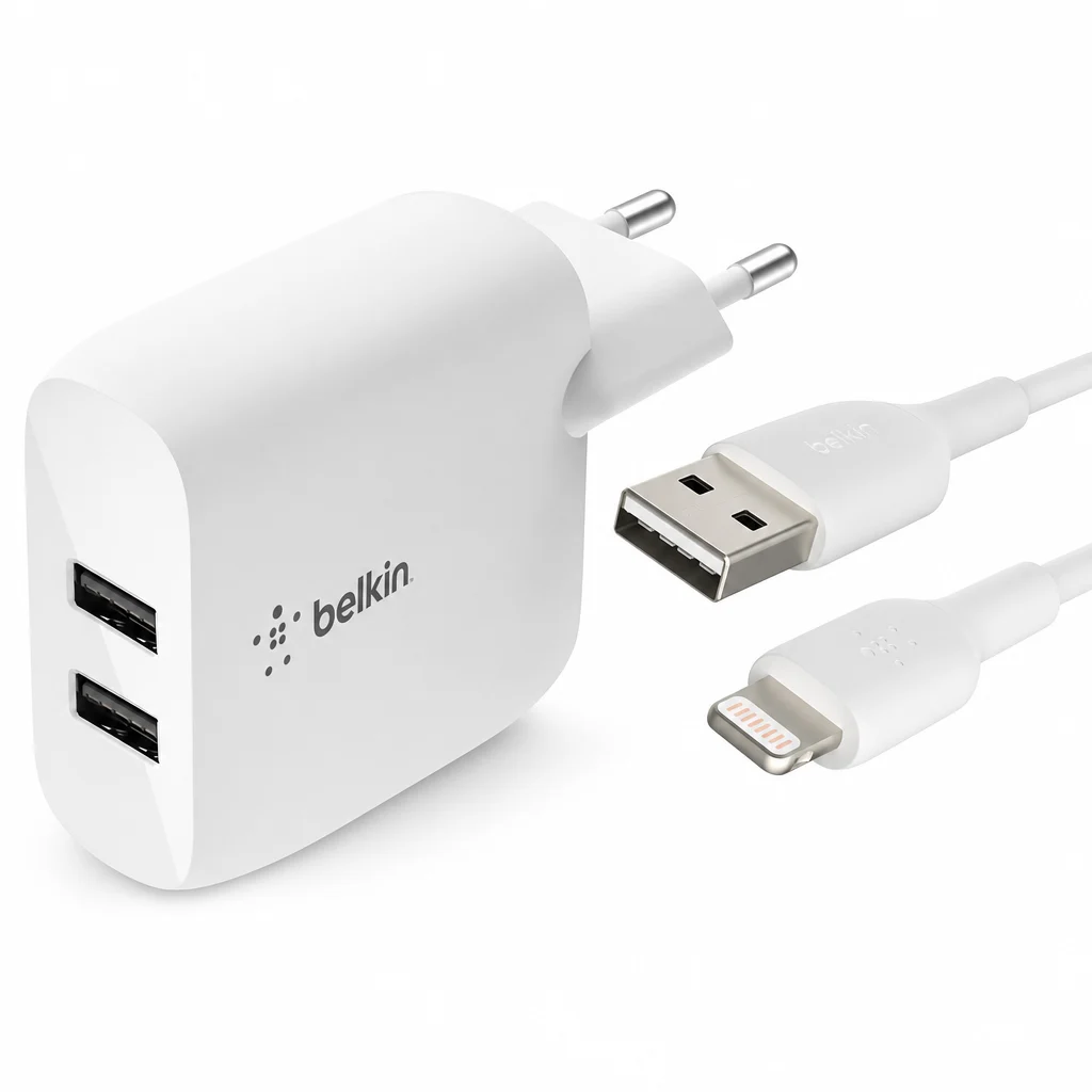 Chargeur Double USB-A avec Câble Lightning 1m 24W Blanc